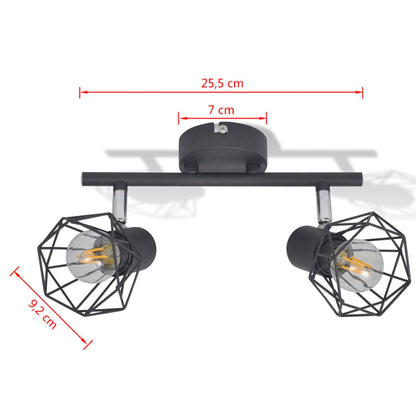 Black Industrial Style Wire Frame Spot Light with 2 LED Filament Bulbs