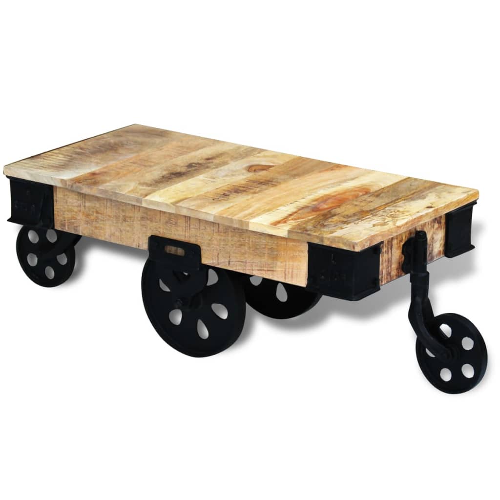 Coffee Table with Wheels Rough Mango Wood