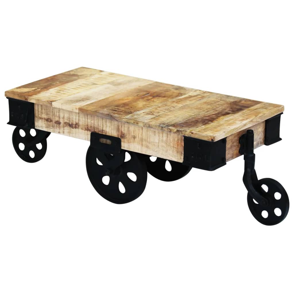 Coffee Table with Wheels Rough Mango Wood