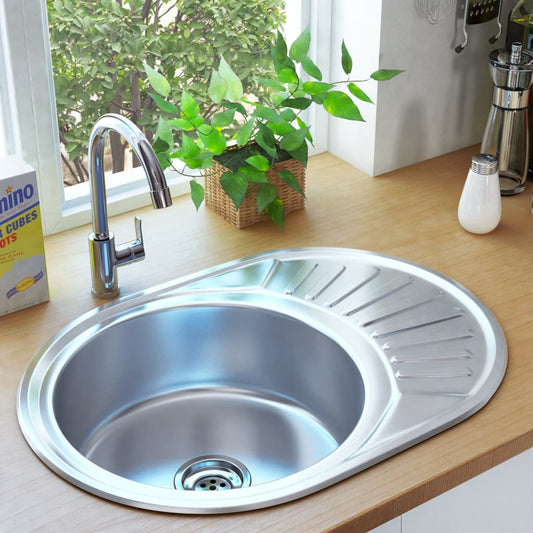 Kitchen Sink with Strainer and Trap Oval Stainless Steel