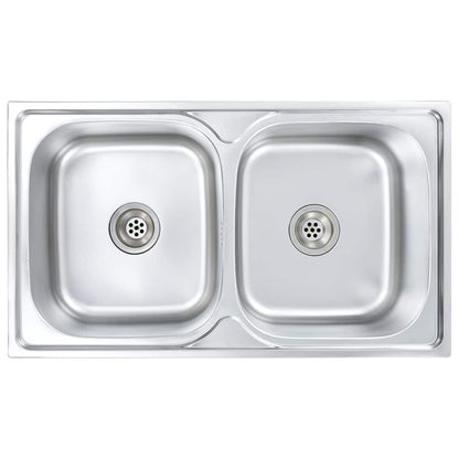 Kitchen Sink Double Basin with Strainer & Trap Stainless Steel