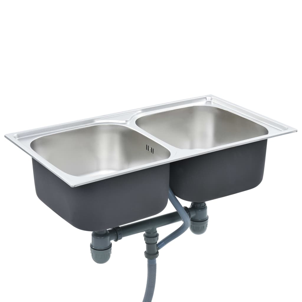 Kitchen Sink Double Basin with Strainer & Trap Stainless Steel