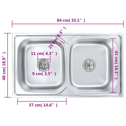 Kitchen Sink Double Basin with Strainer & Trap Stainless Steel