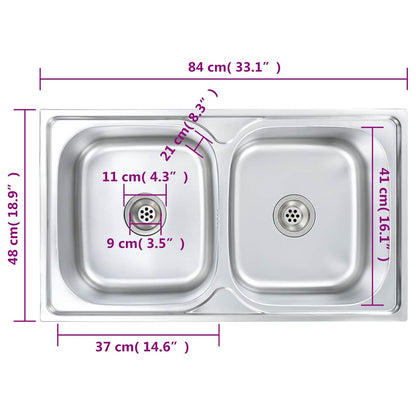 Kitchen Sink Double Basin with Strainer & Trap Stainless Steel