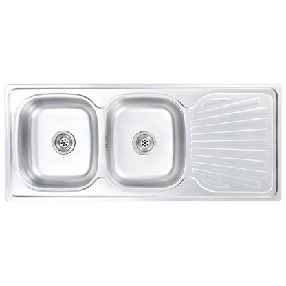 Kitchen Sink Double Basin with Strainer & Trap Stainless Steel