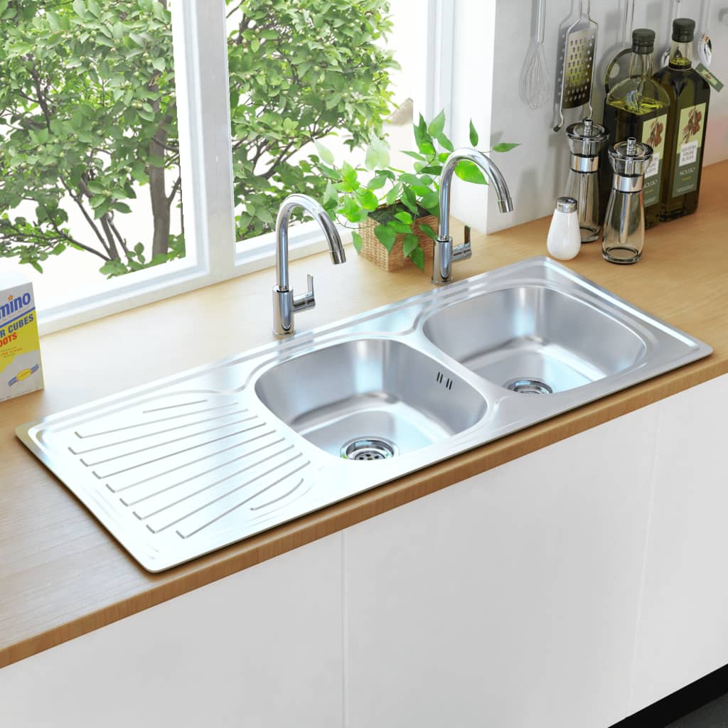 Kitchen Sink Double Basin with Strainer & Trap Stainless Steel