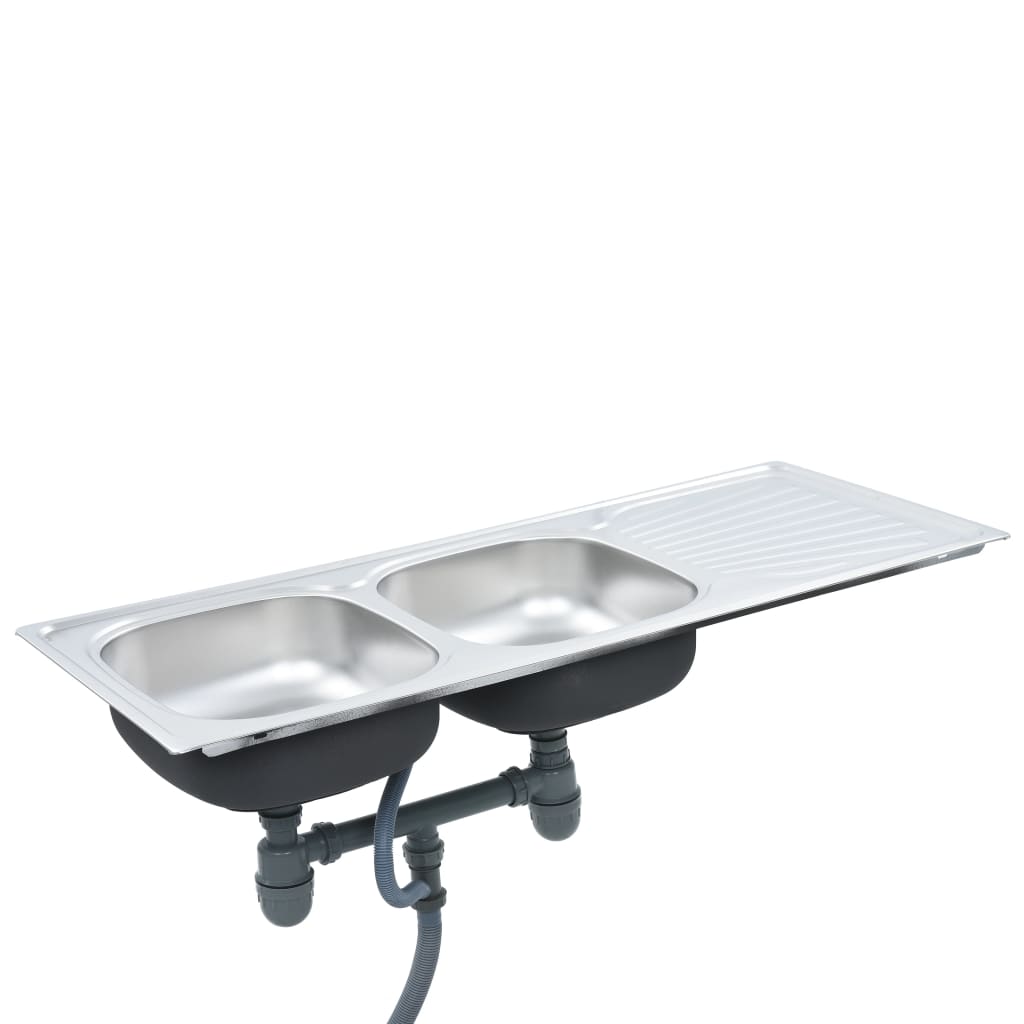 Kitchen Sink Double Basin with Strainer & Trap Stainless Steel