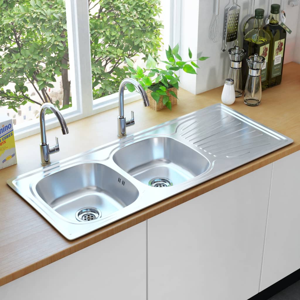 Kitchen Sink Double Basin with Strainer & Trap Stainless Steel