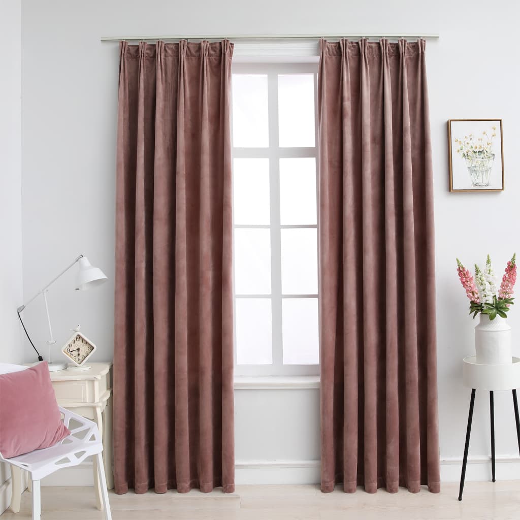 Blackout Curtains 2pcs with Hooks Velvet Antique Pink 140x175cm