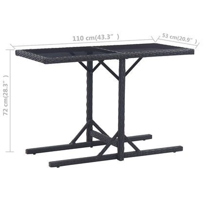 Garden Table Black 110x53x72 cm Glass and Poly Rattan