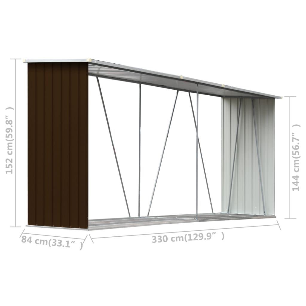 Garden Log Storage Shed Galvanised Steel 330x84x152 cm Brown
