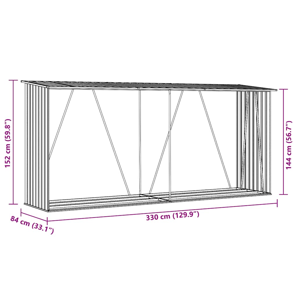 Garden Log Storage Shed Galvanised Steel 330x84x152 cm Brown