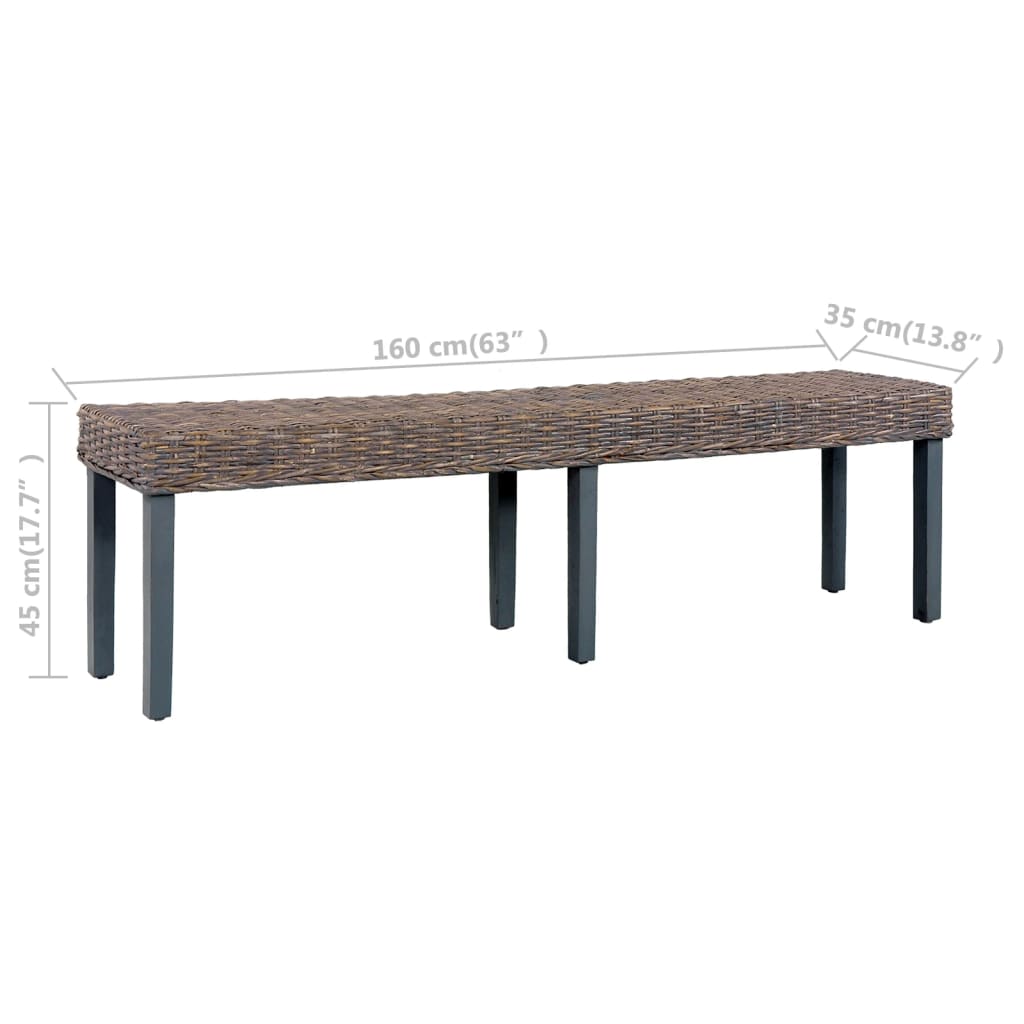 Bench 160 cm Grey Natural Kubu Rattan and Solid Mango Wood