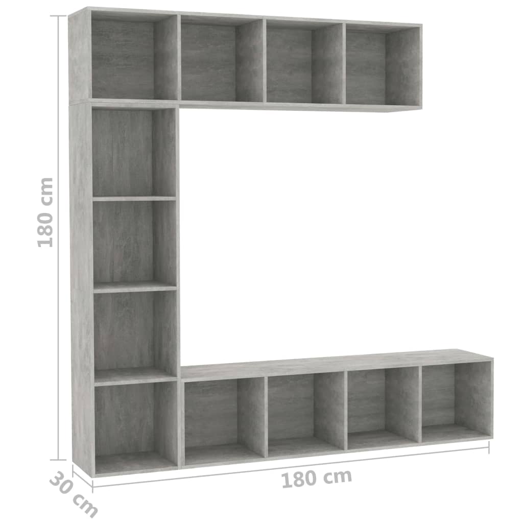 3 Piece Book/TV Cabinet Set Concrete Grey 180x30x180 cm