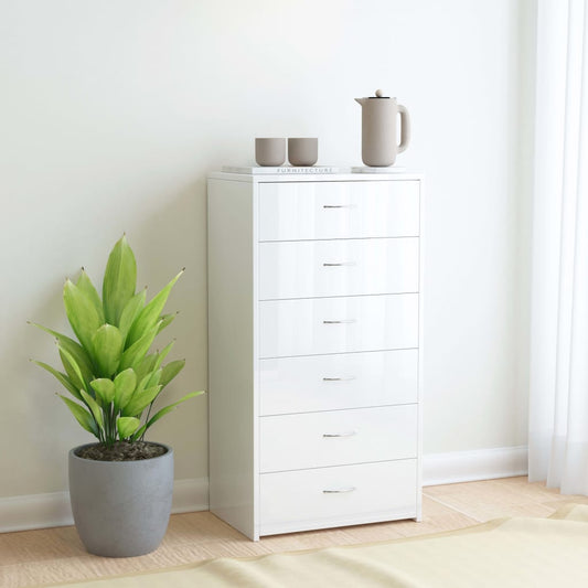 Sideboard with 6 Drawers High Gloss White 50x34x96 cm Engineered Wood