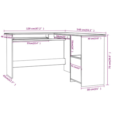 L-Shaped Corner Desk Sonoma Oak 120x140x75 cm Engineered Wood