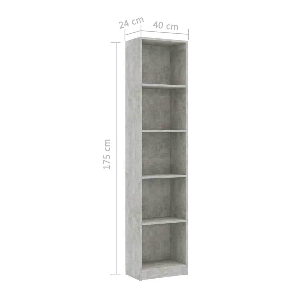 5-Tier Book Cabinet Concrete Grey 40x24x175 cm Engineered Wood