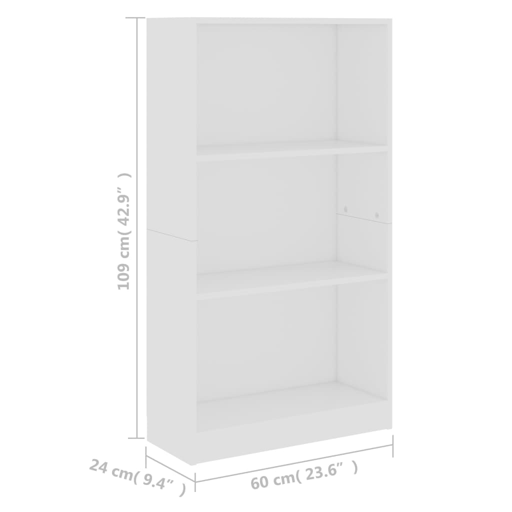 3-Tier Book Cabinet White 60x24x109 cm Engineered Wood