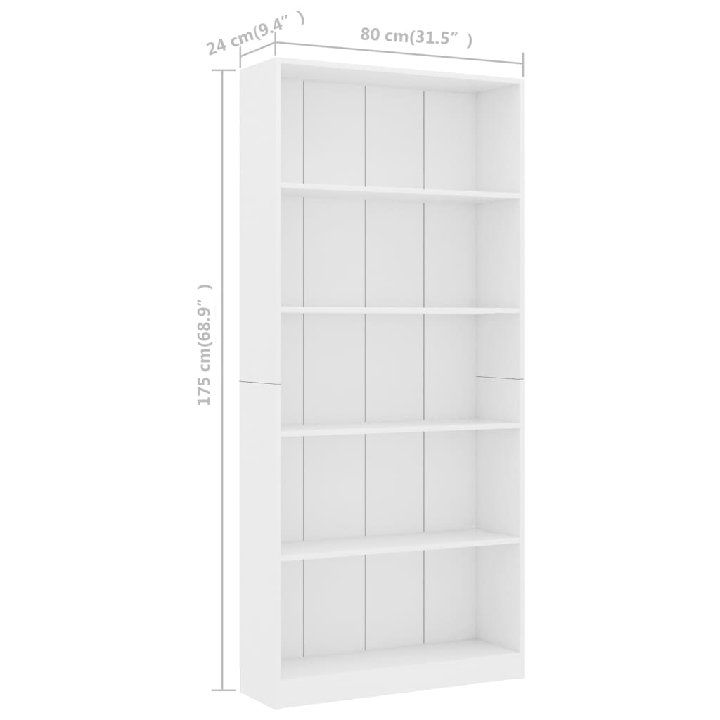 5-Tier Book Cabinet White 80x24x175 cm Engineered Wood