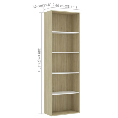 5-Tier Book Cabinet White and Sonoma Oak 60x30x189 cm Engineered Wood