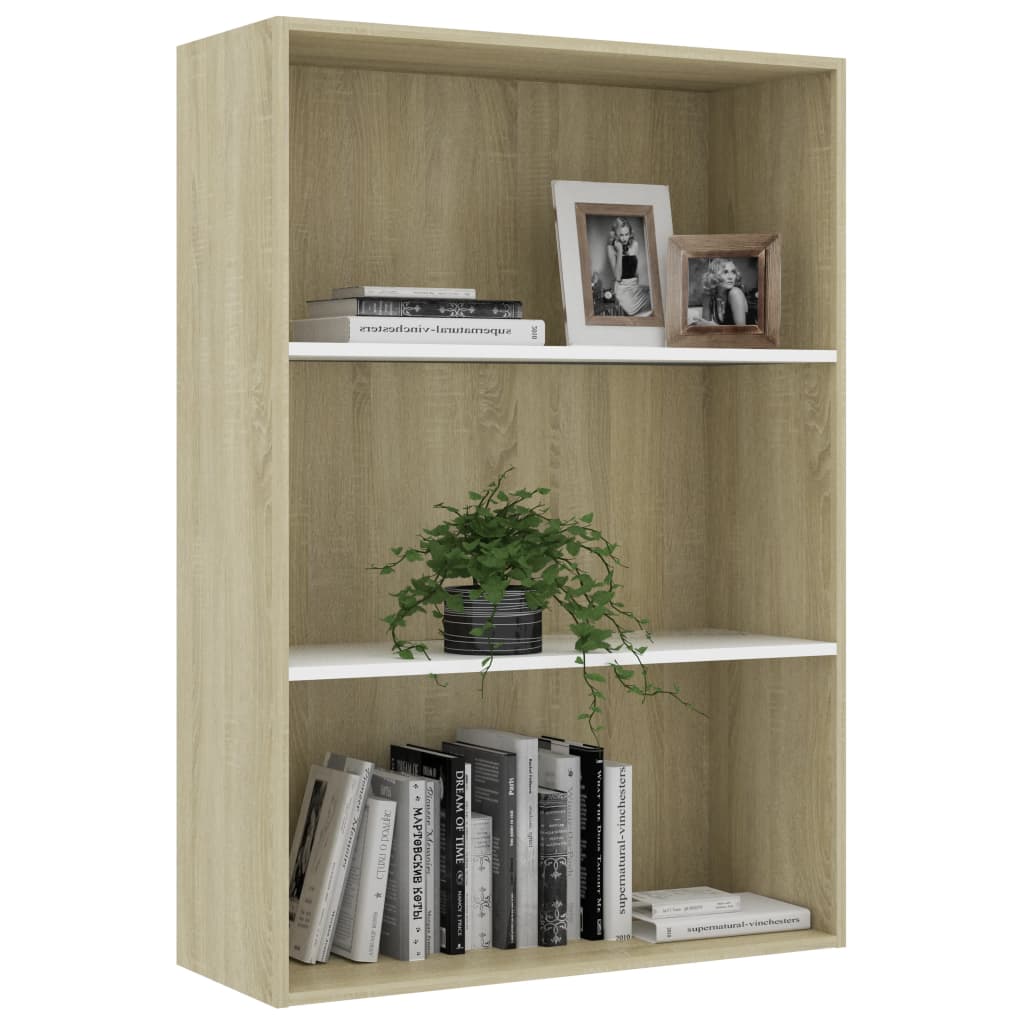 3-Tier Book Cabinet White and Sonoma Oak 80x30x114 cm Engineered Wood