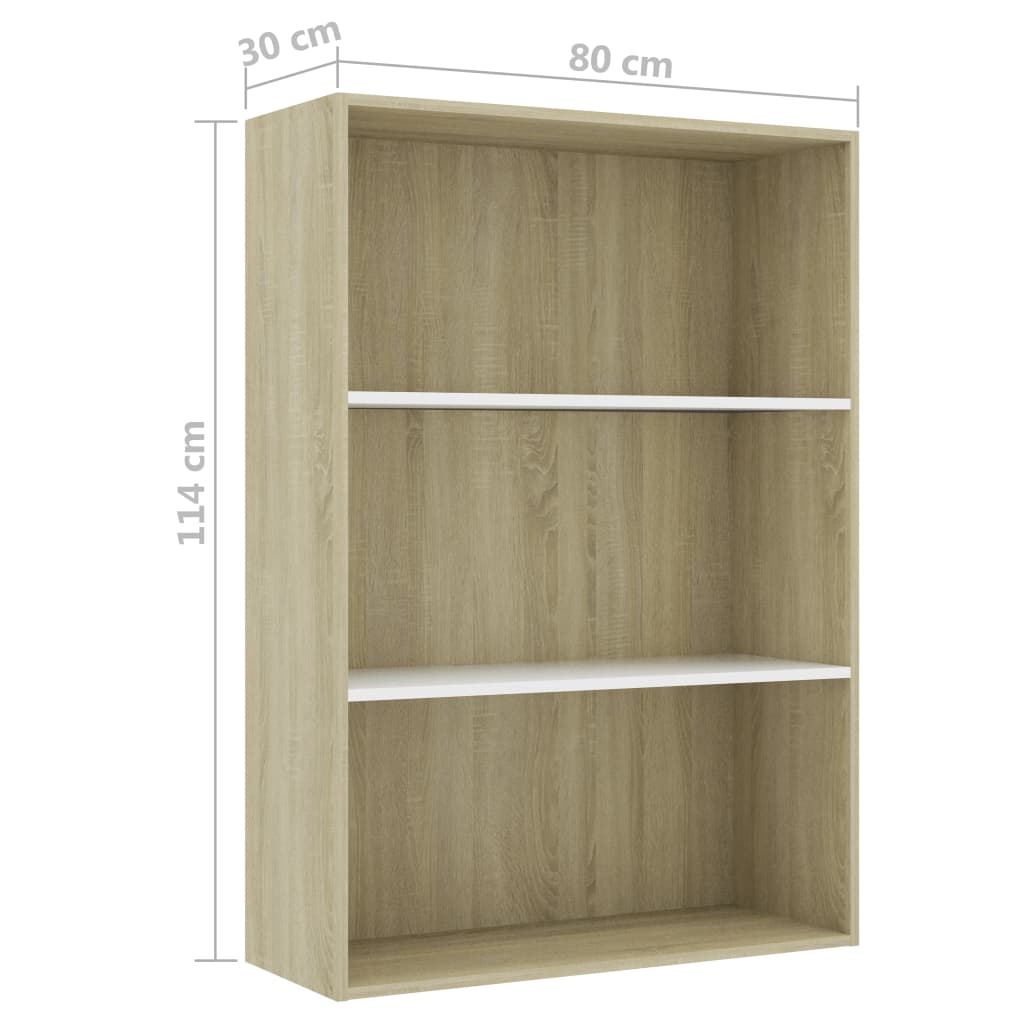 3-Tier Book Cabinet White and Sonoma Oak 80x30x114 cm Engineered Wood