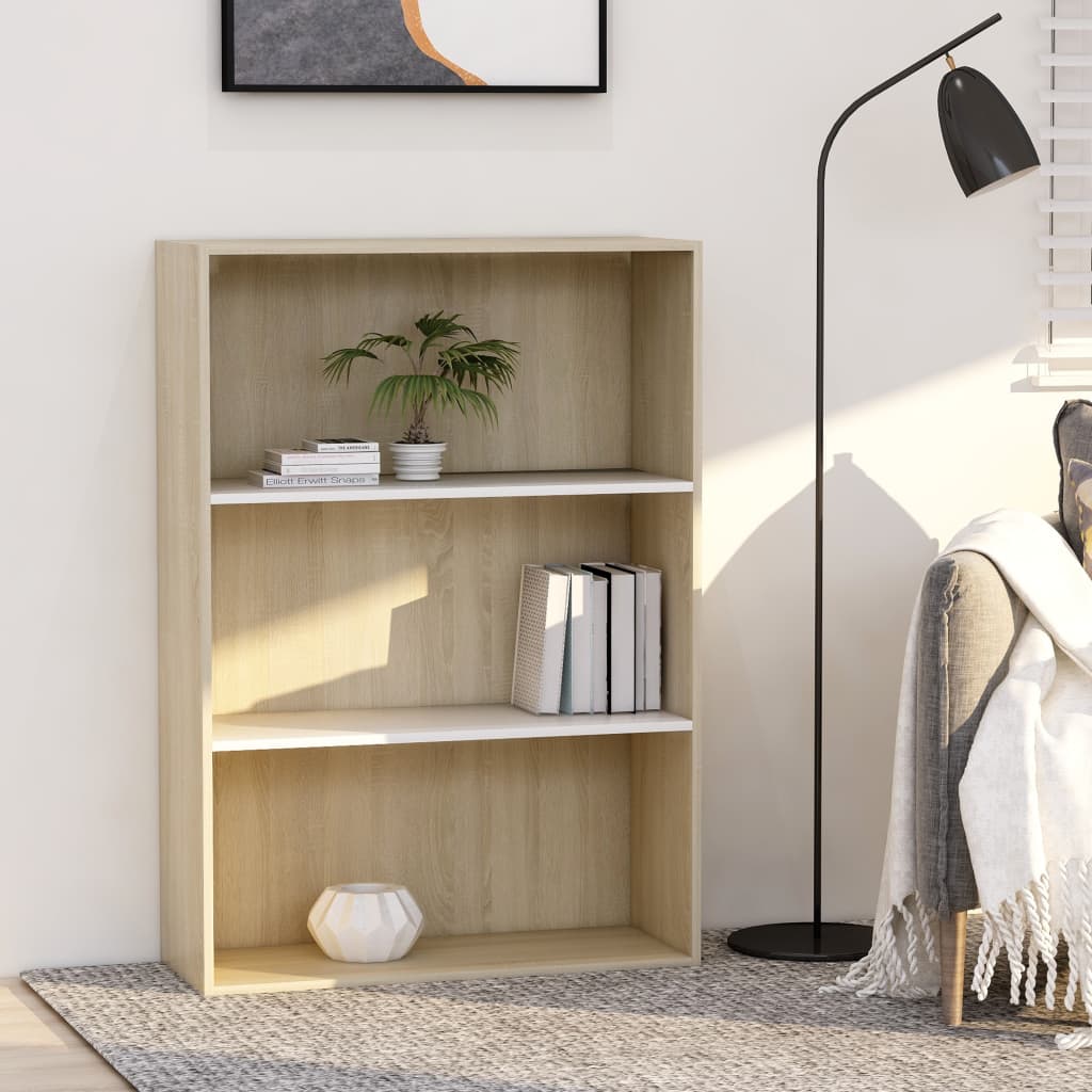 3-Tier Book Cabinet White and Sonoma Oak 80x30x114 cm Engineered Wood