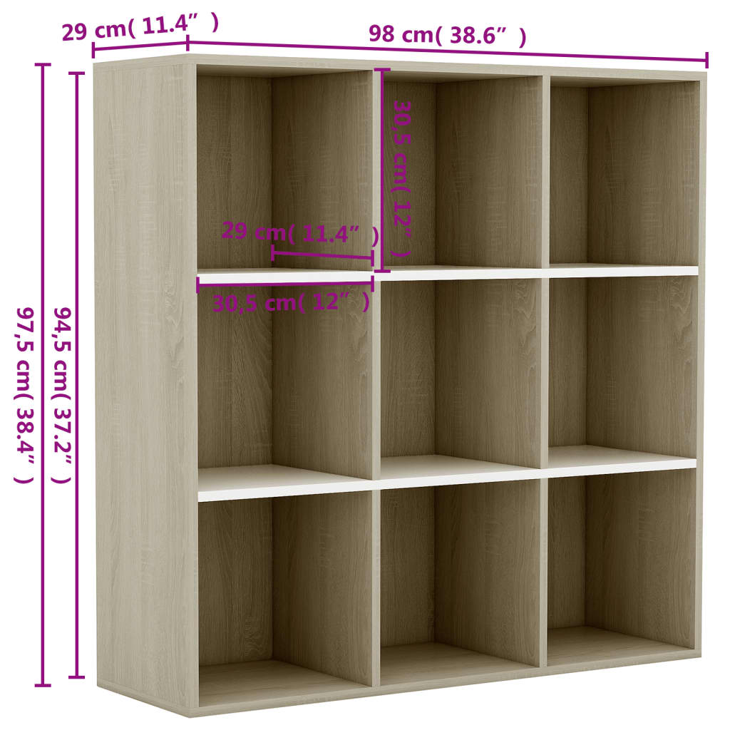 Book Cabinet White and Sonoma Oak 98x29x97.5 cm Engineered Wood