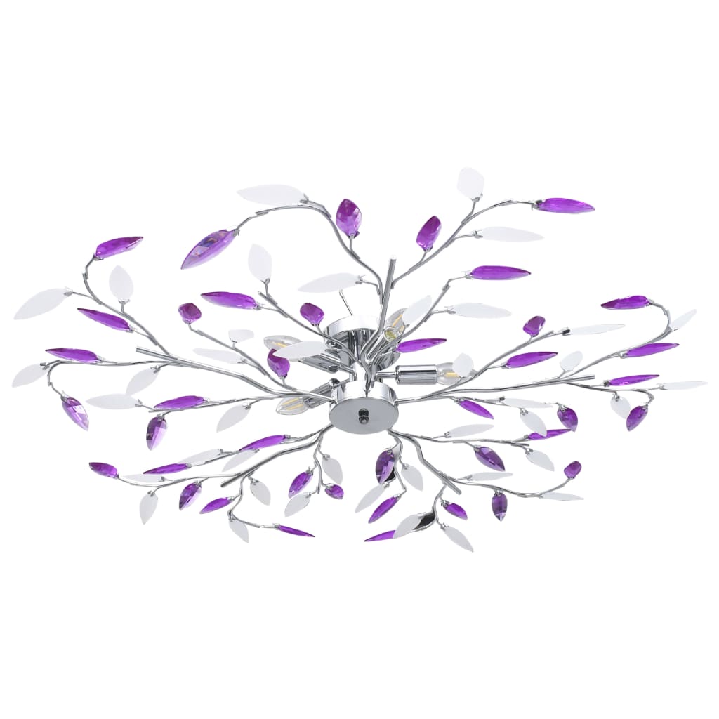 Ceiling Lamp with Acrylic Crystal Leaf Arms for 5 E14 Bulbs Purple