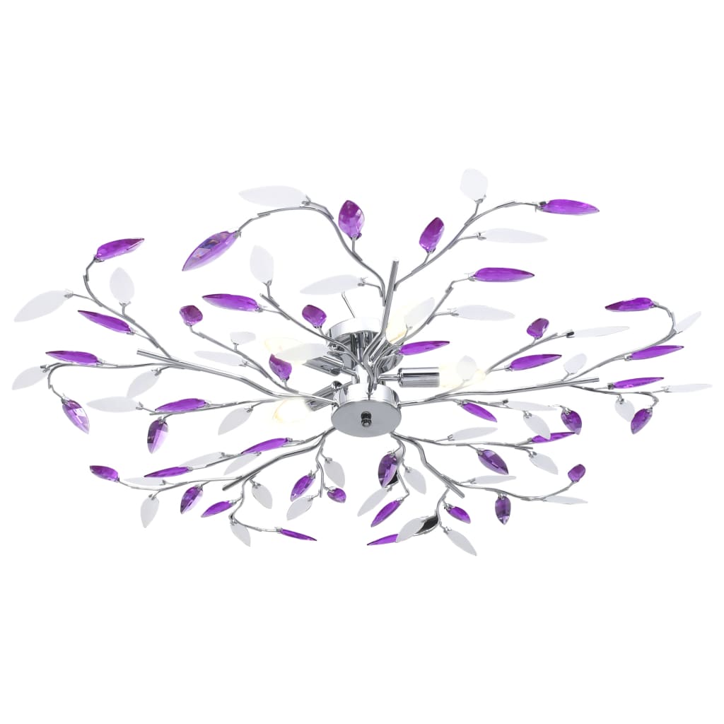 Ceiling Lamp with Acrylic Crystal Leaf Arms for 5 E14 Bulbs Purple