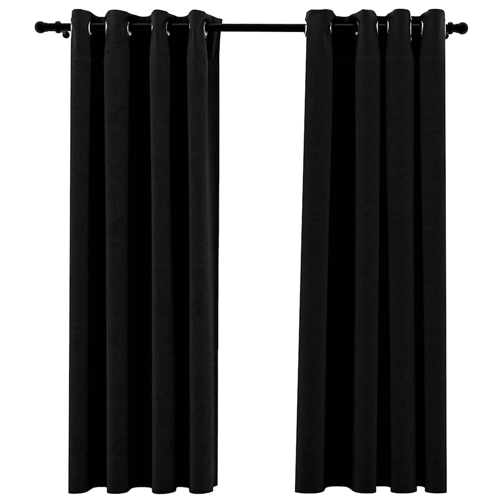 Linen-Look Blackout Curtains with Grommets 2pcs Black 140x175cm