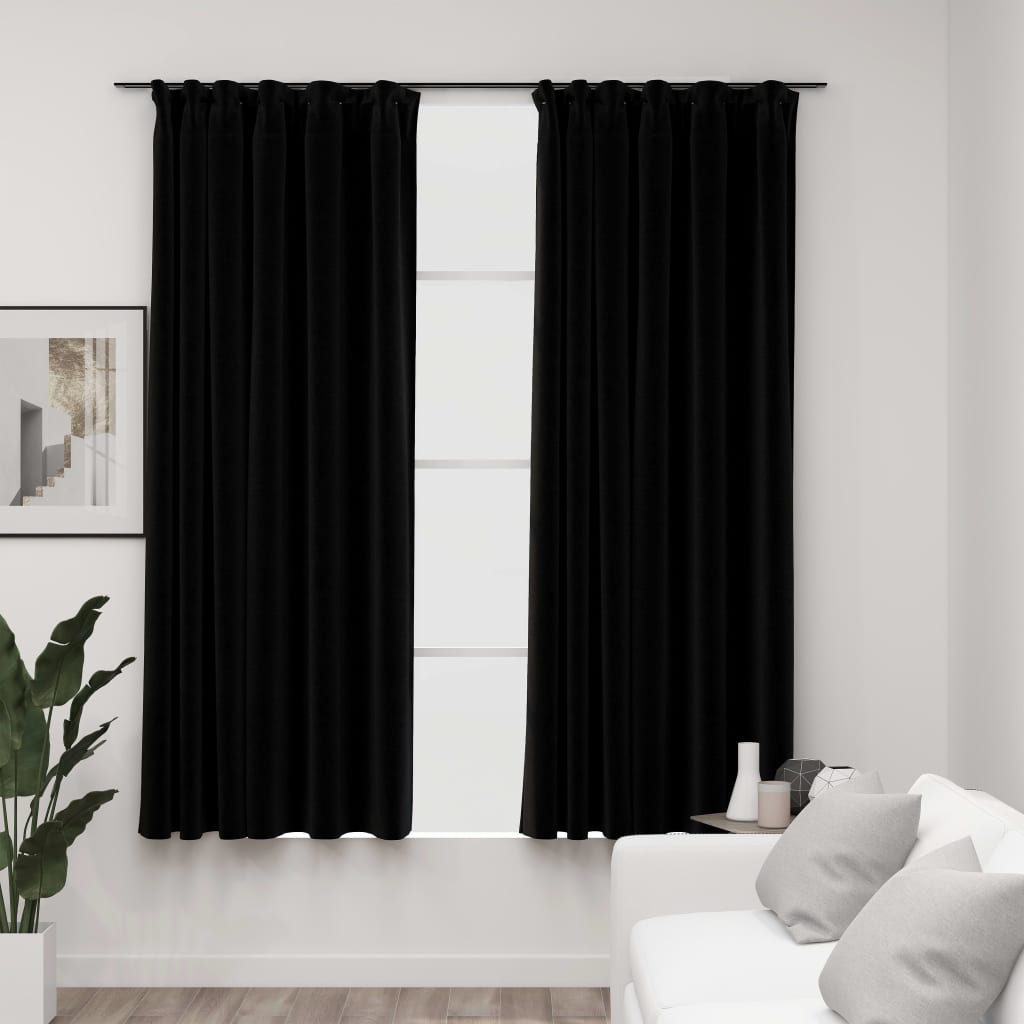 Linen-Look Blackout Curtains with Hooks 2 pcs Black 140x175 cm