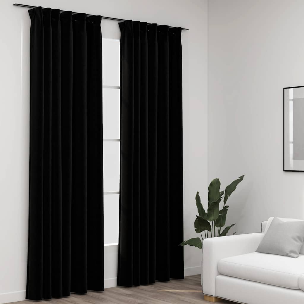 Linen-Look Blackout Curtains with Hooks 2 pcs Black 140x225 cm