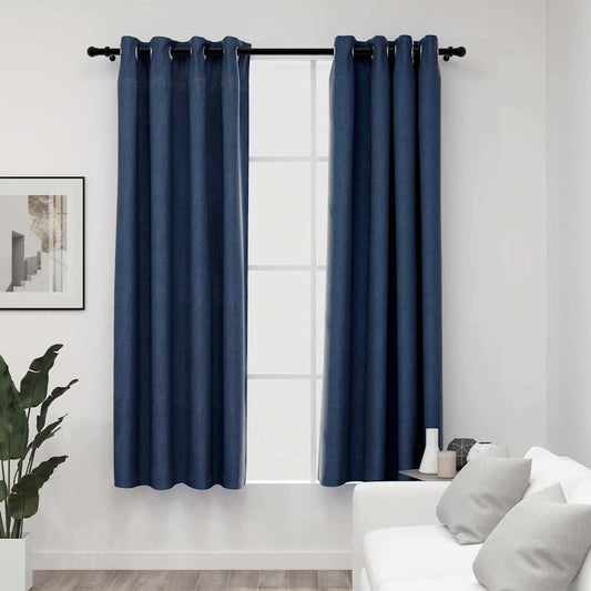 Linen-Look Blackout Curtains with Grommets 2 pcs Blue 140x175cm