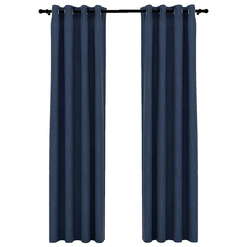 Linen-Look Blackout Curtains with Grommets 2 pcs Blue 140x225cm