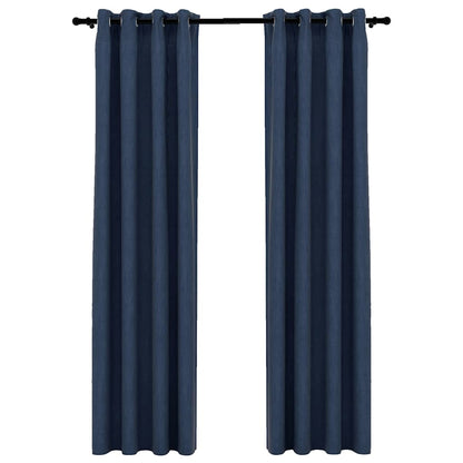 Linen-Look Blackout Curtains with Grommets 2 pcs Blue 140x225cm