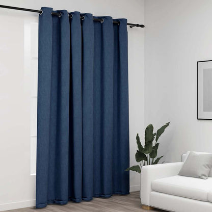 Linen-Look Blackout Curtains with Grommets Blue 290x245cm