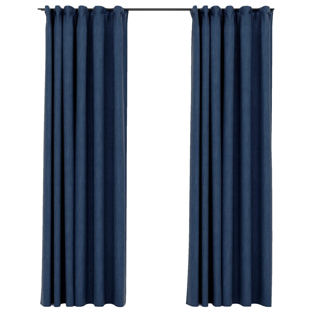 Linen-Look Blackout Curtains with Hooks 2 pcs Blue 140x245 cm