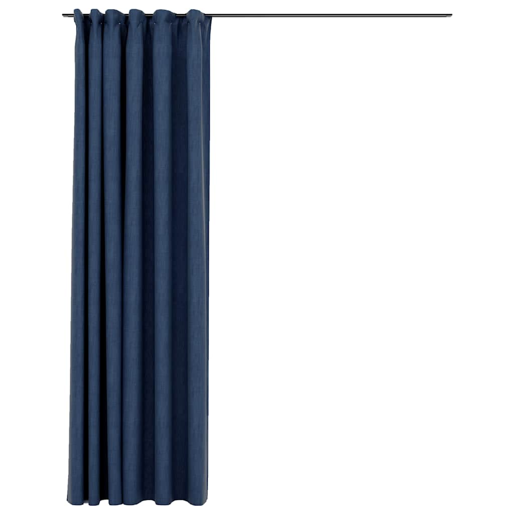 Linen-Look Blackout Curtains with Hooks Blue 290x245 cm