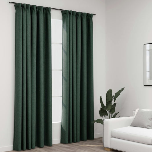 Linen-Look Blackout Curtains with Hooks 2 pcs Green 140x225 cm