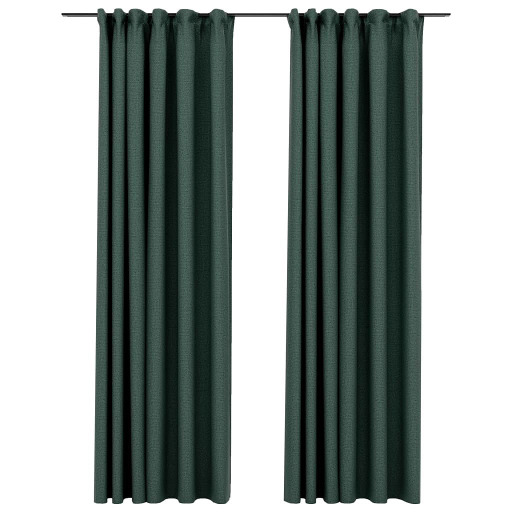 Linen-Look Blackout Curtains with Hooks 2 pcs Green 140x245 cm