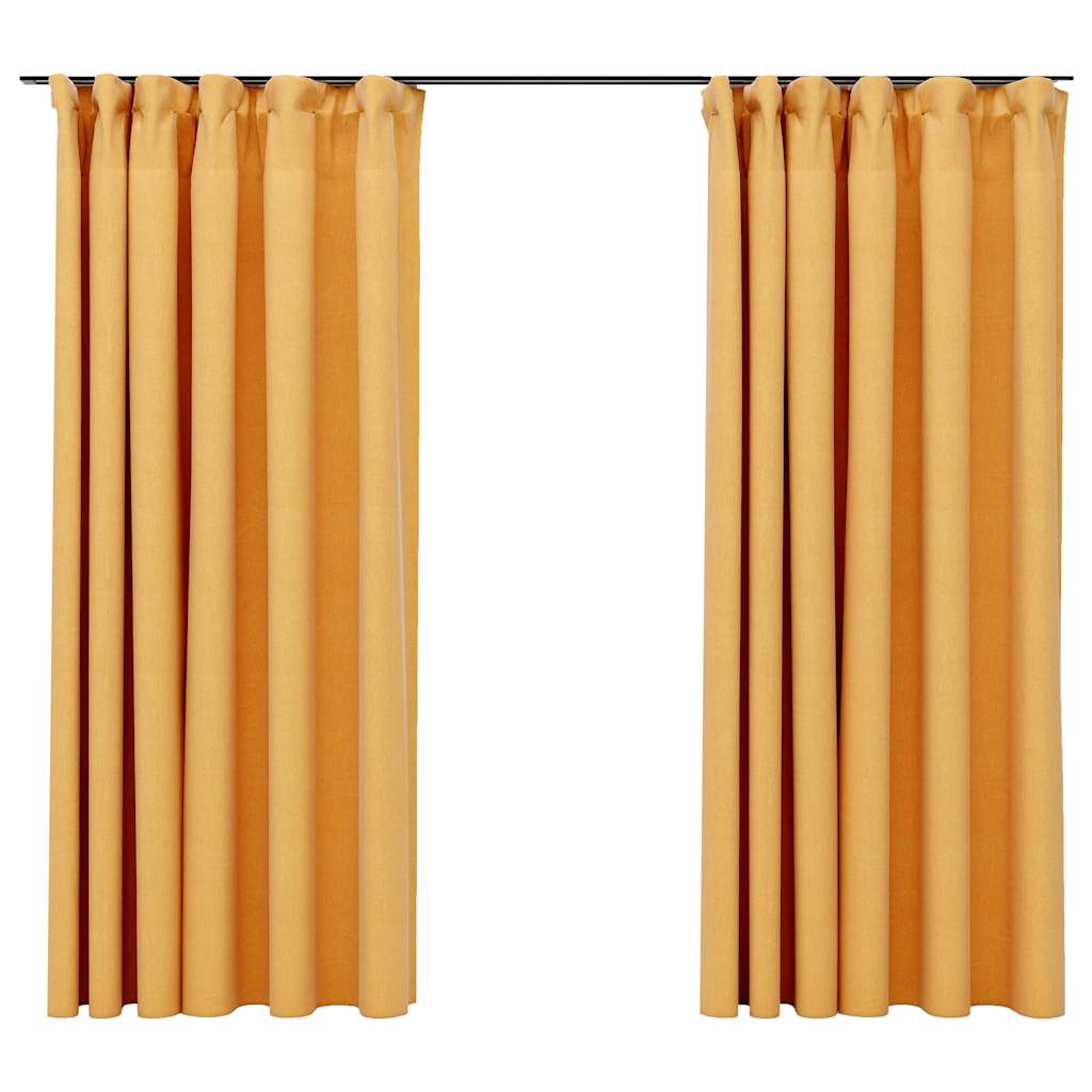 Linen-Look Blackout Curtains with Hooks 2 pcs Yellow 140x175 cm