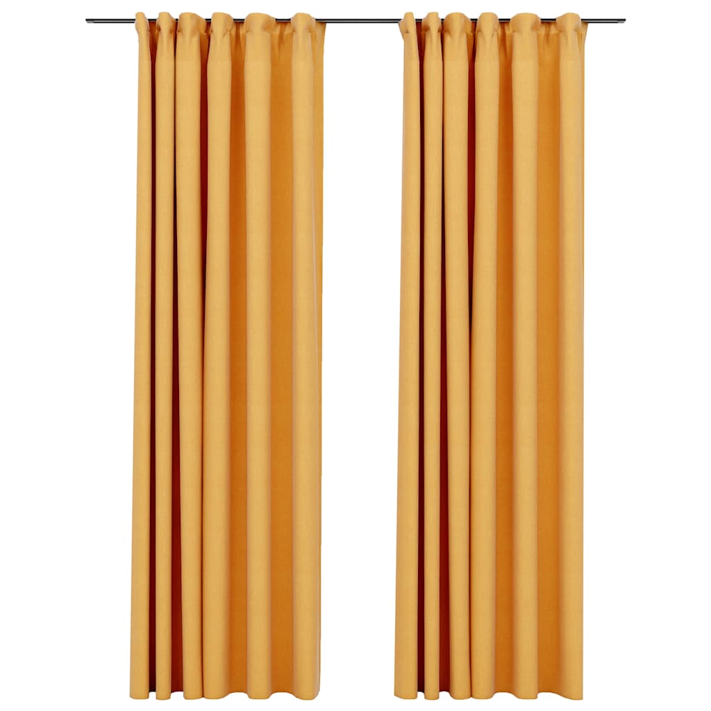 Linen-Look Blackout Curtains with Hooks 2 pcs Yellow 140x245 cm