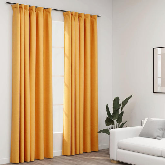 Linen-Look Blackout Curtains with Hooks 2 pcs Yellow 140x245 cm