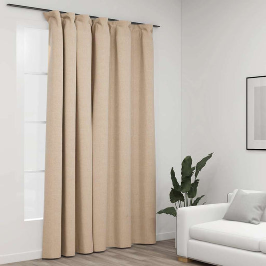 Linen-Look Blackout Curtain with Hooks Beige 290x245 cm