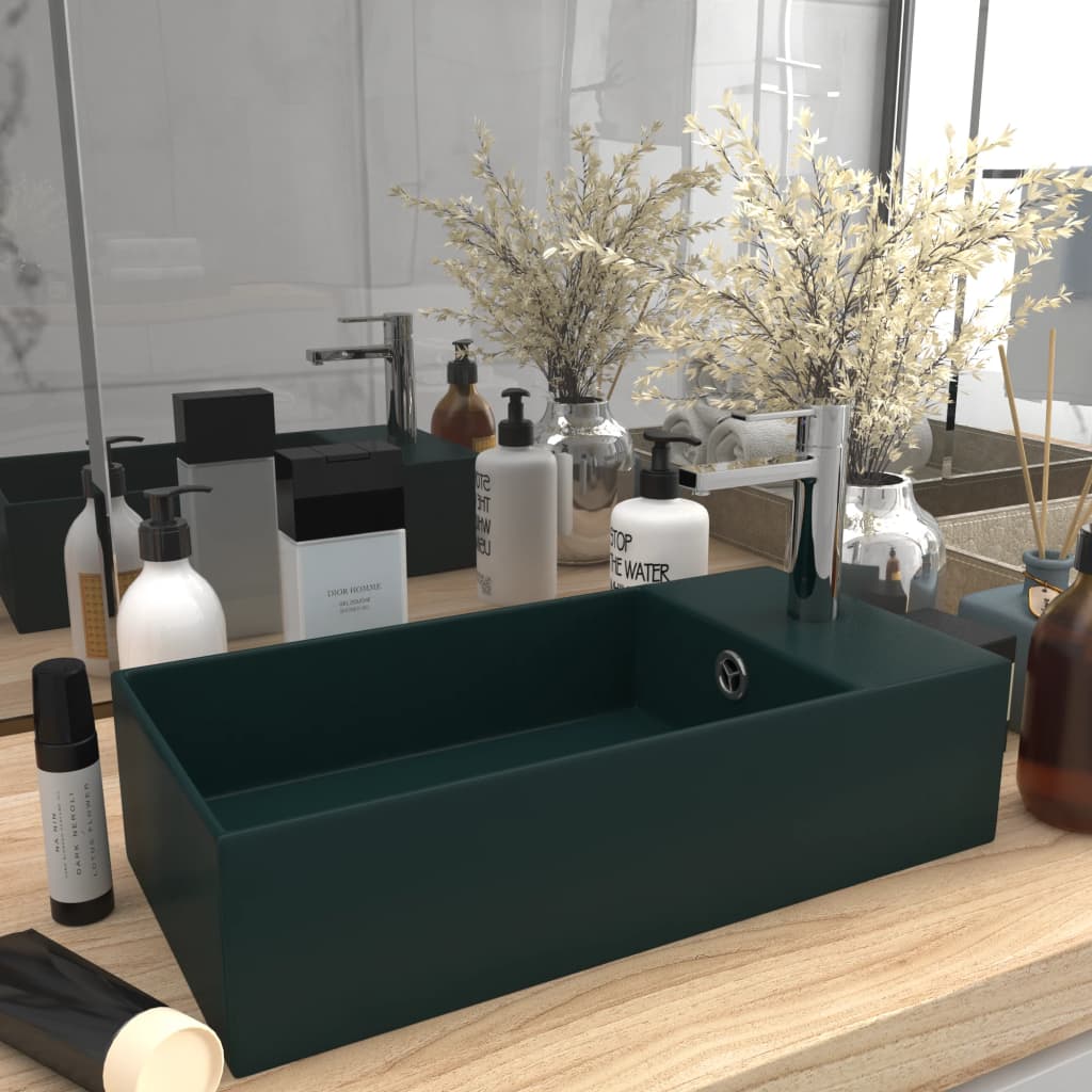 Bathroom Sink with Overflow Ceramic Dark Green