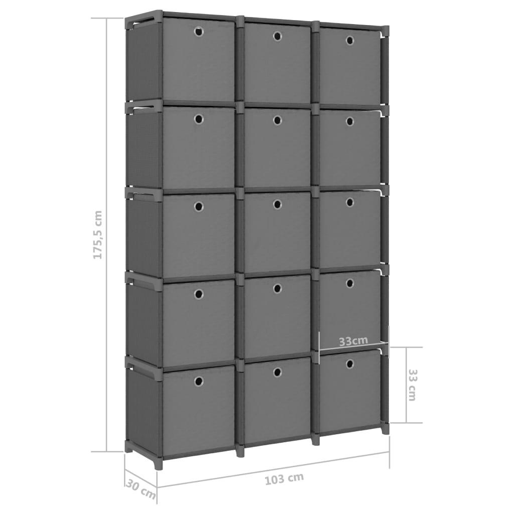 15-Cube Display Shelf with Boxes Grey 103x30x175.5 cm Fabric