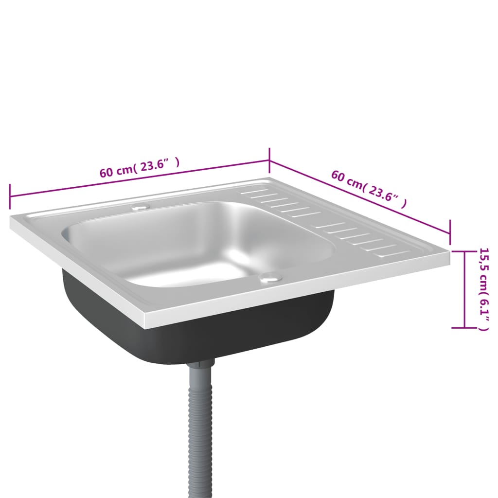 Kitchen Sink with Drainer Set Silver 600x600x155 mm Stainless Steel