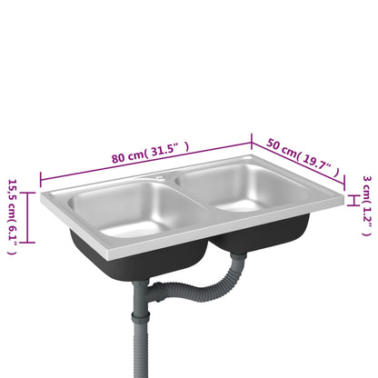 Kitchen Sink with Double Basins Silver 800x500x155 mm Stainless Steel