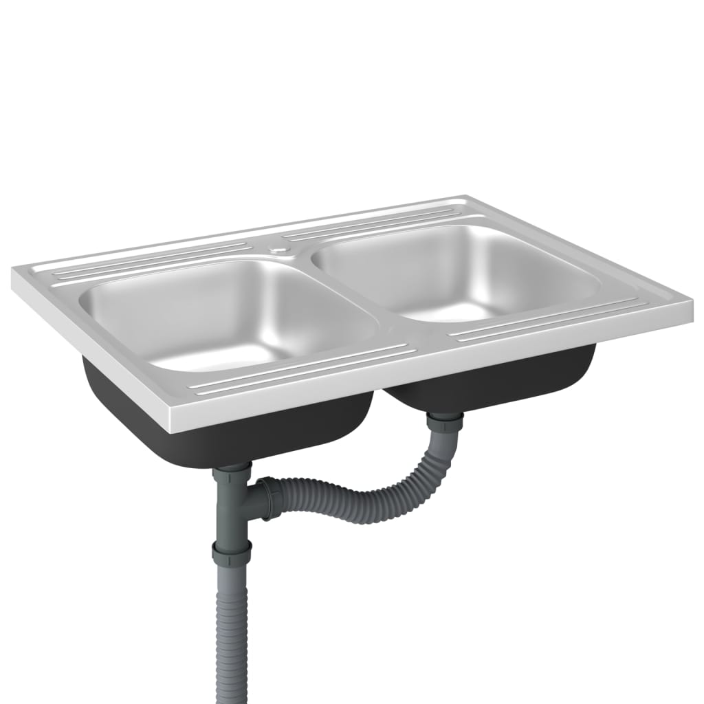 Kitchen Sink with Double Basins Silver 800x600x155 mm Stainless Steel